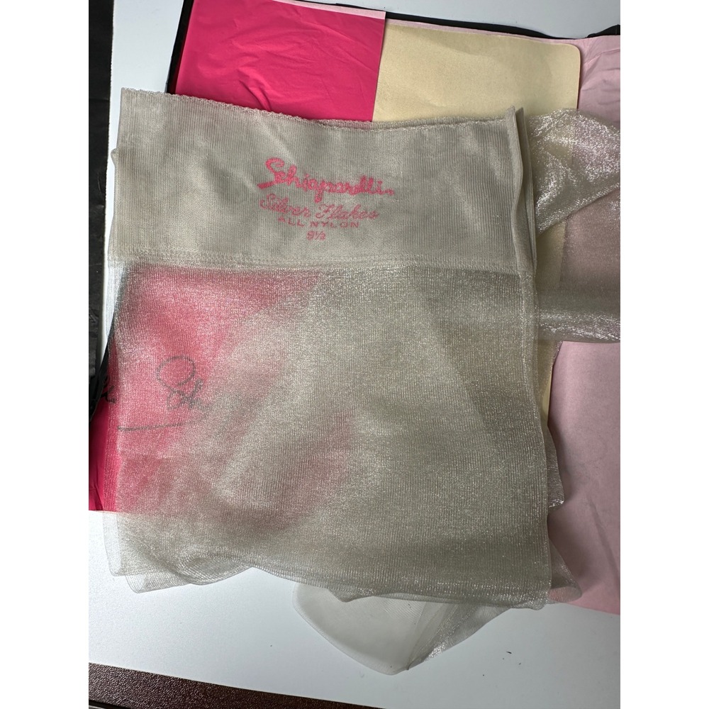 Vintage 1950s Schiaparelli Silver Flakes Metallic Nylon Garter Stockings Hosiery